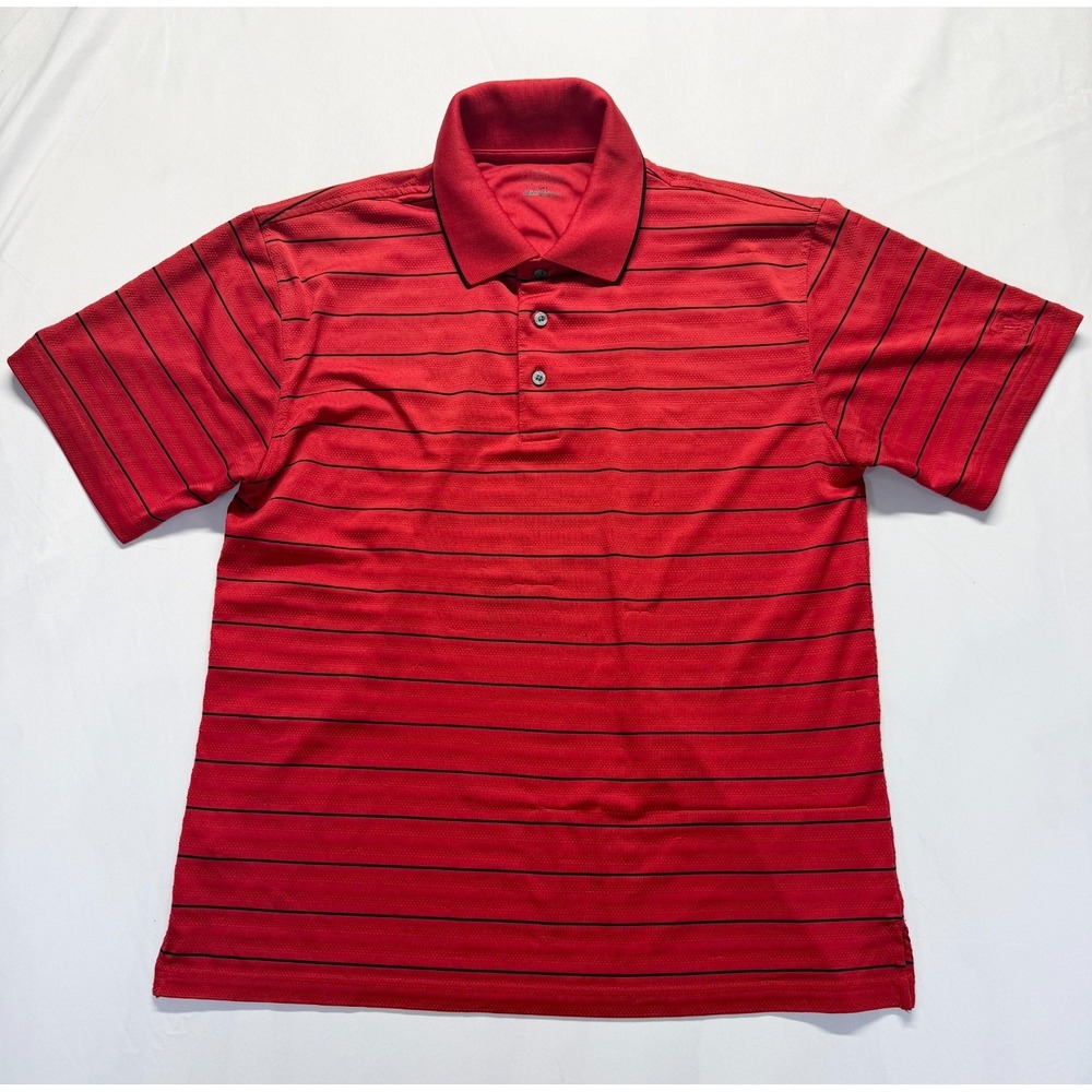 PGA Polo Shirt Mens L Red Striped Side Slit Textured Knit Button Up‎ Golf